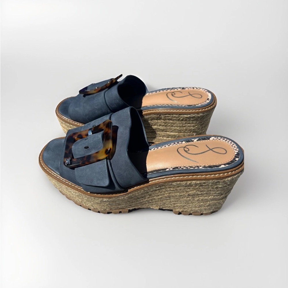 Sam Edelman Livi Soft Blue Squared OpenToe SlipOn Buckle Wedge Sandals MSRP $150